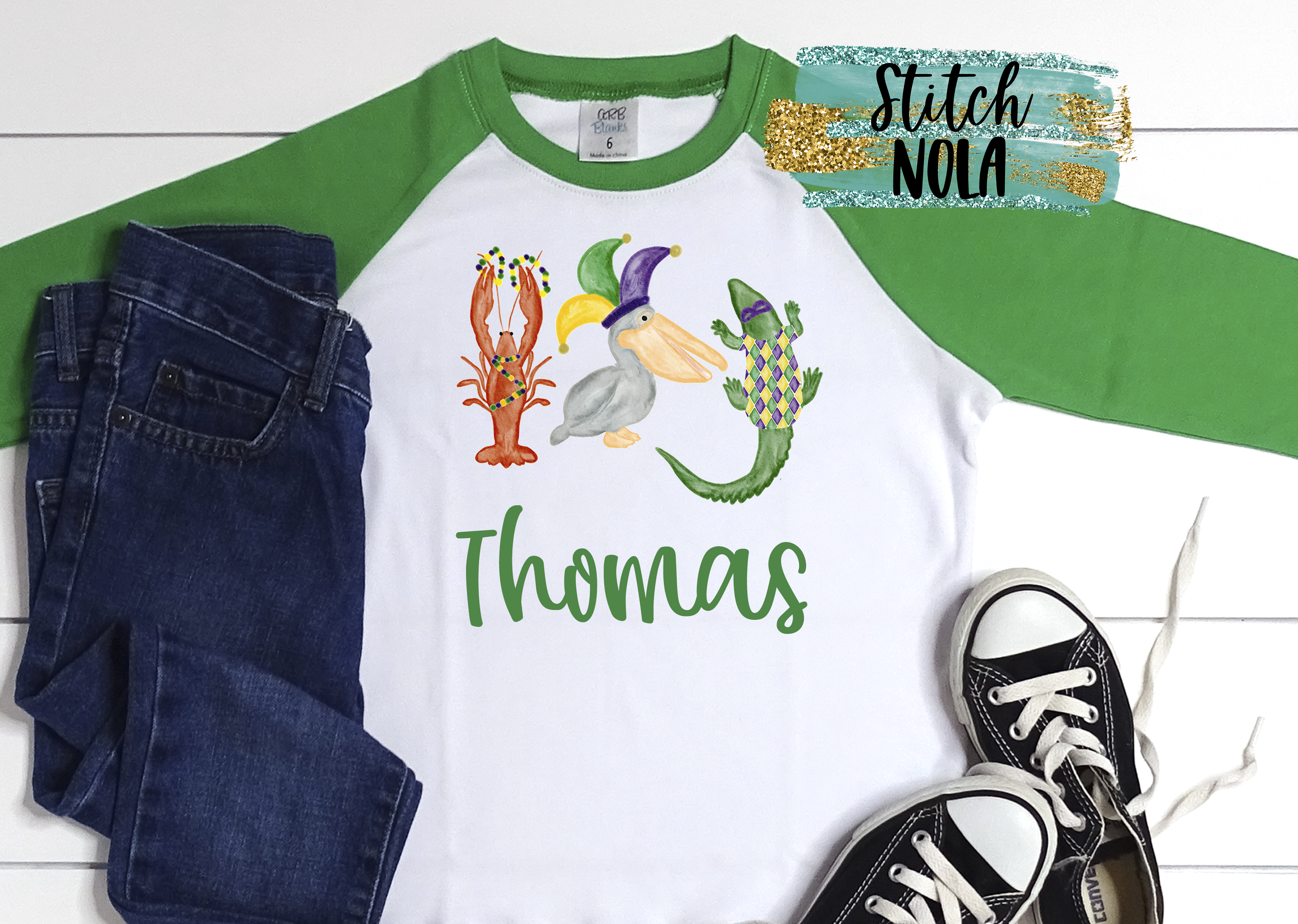 Personalized Mardi Gras Animal Trio Gator, Pelican And Crawfish Printed Shirt