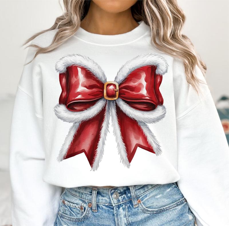 Christmas Coquette Bow Sweatshirt, Santa Bow Shirt, Christmas Perfect Gift, Soft Girl Era Shirt, Coquette shirt, Cotton Crew Neck Shirt, Full Sizes, Full Colors Women