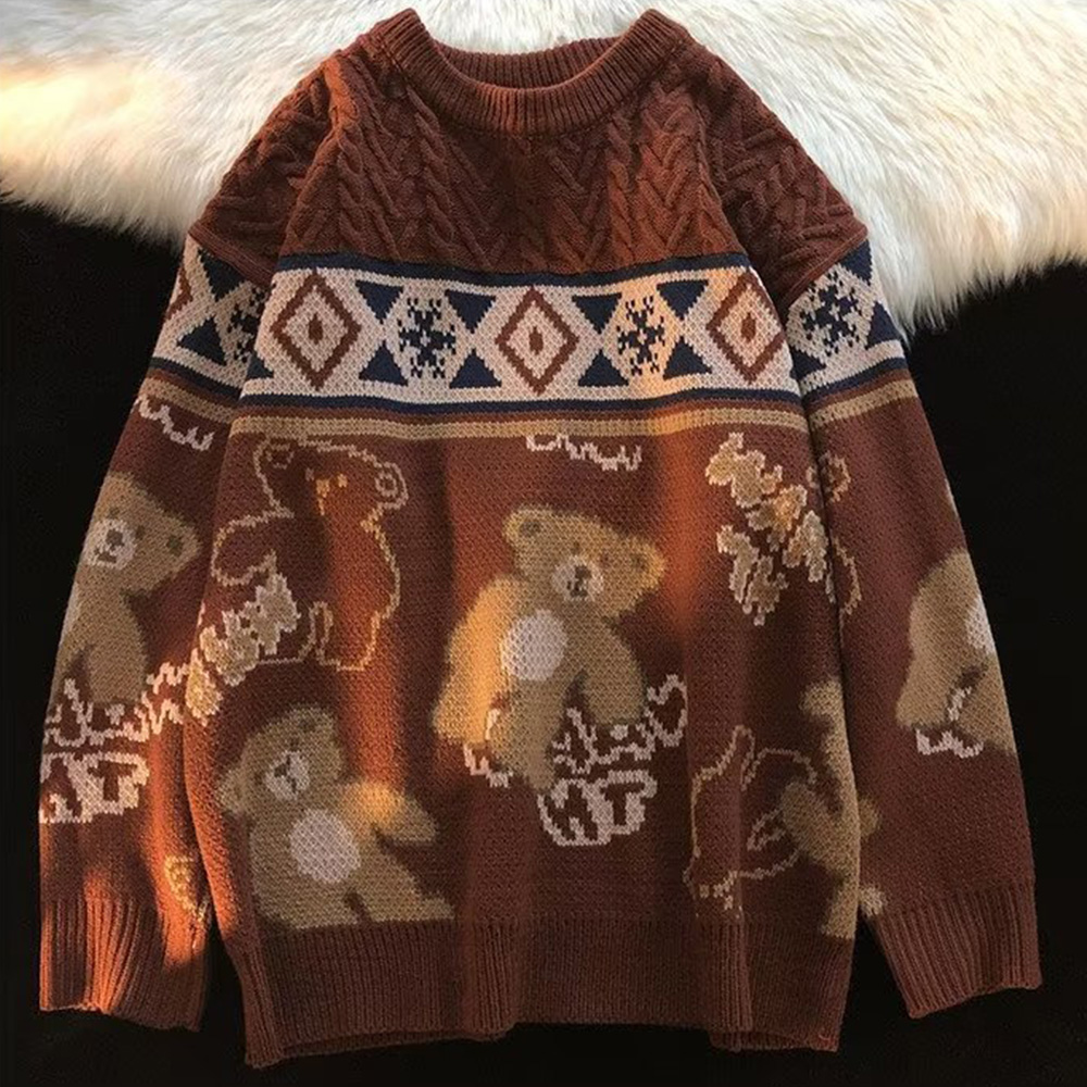 Cute Bear Tops Oversize Men High Street Knitting Sweater Tops New Autumn Pullover Baggy Harajuku Kawaii Women Couple Sweaters alx