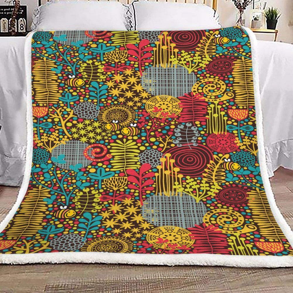 Flowers And Bees Colorful Fleece Blanket All Over Prints