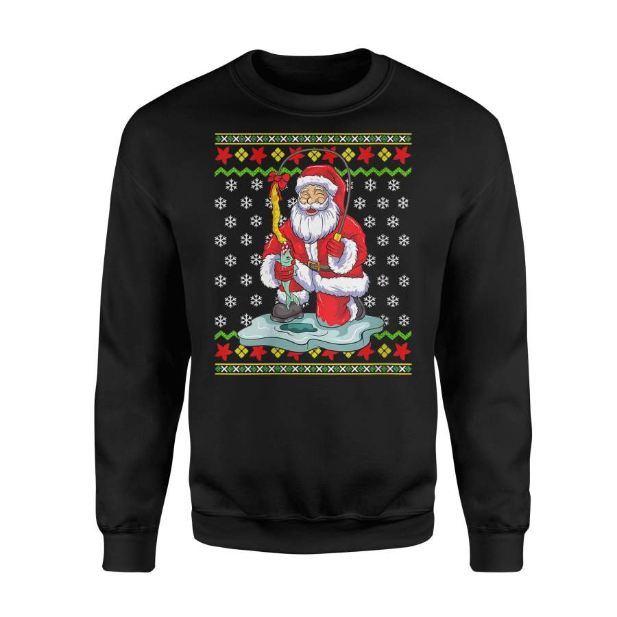 Womens Ice Fishing Santa Ugly Christmas Pattern Fisherman Gift V-Neck T-Shirt – Standard Fleece Sweatshirt