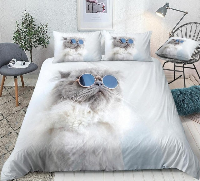 White 3D Cat Gangster Animals Duvet Cover Set, Microfiber Fabric, Twin/Full/Queen/King Bedding