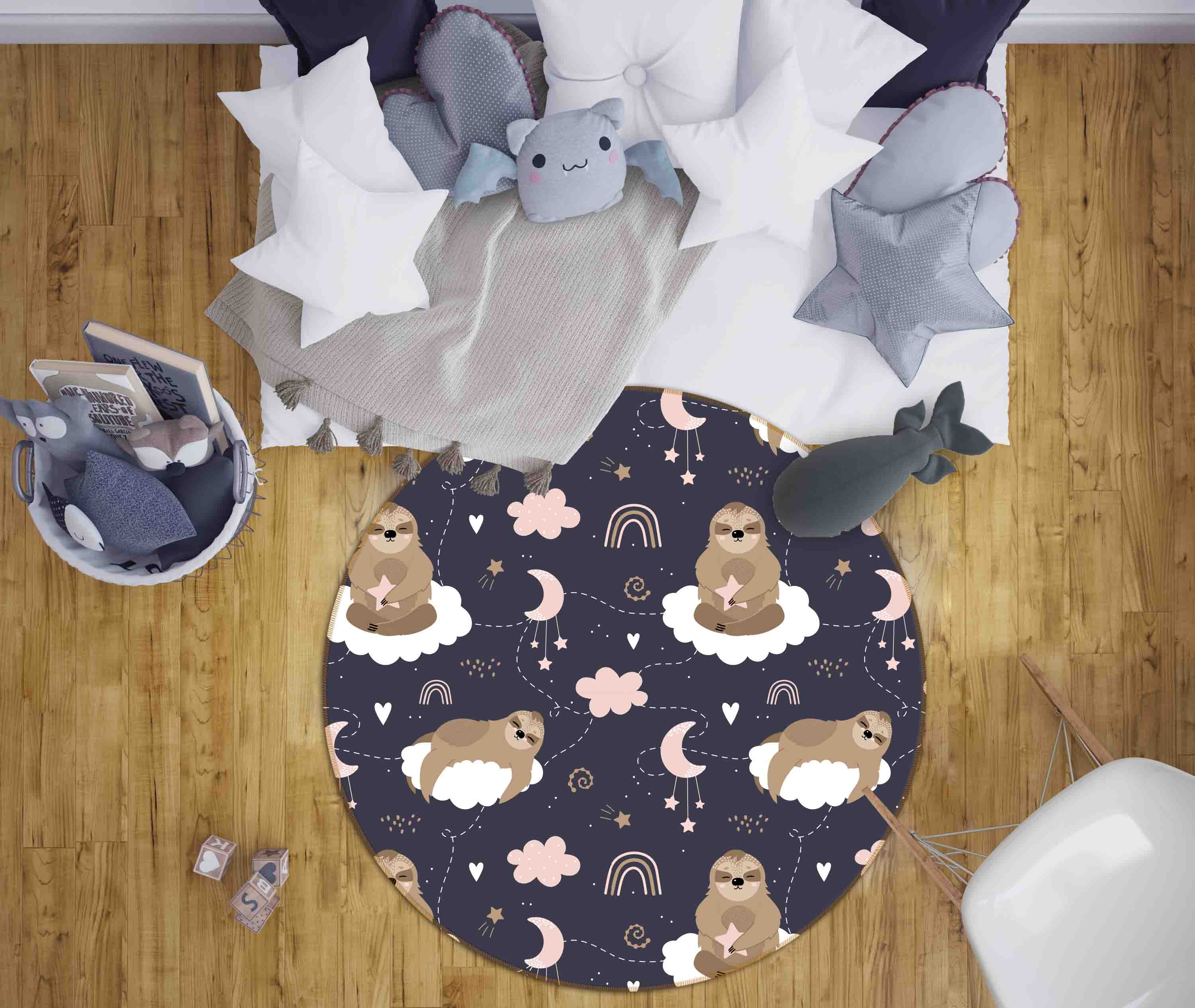 3D Cartoon Animal Sloth Rainbow Cloud Kids Non-Slip Round Rug Mat 123