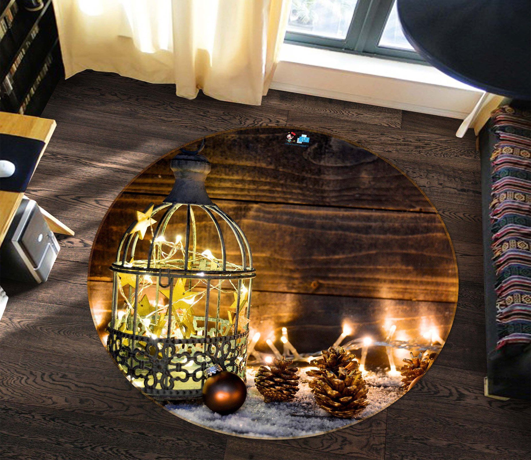 3D String Lights Pineta 54084 Christmas Round Rug – Round Carpet Home Decor Xmas