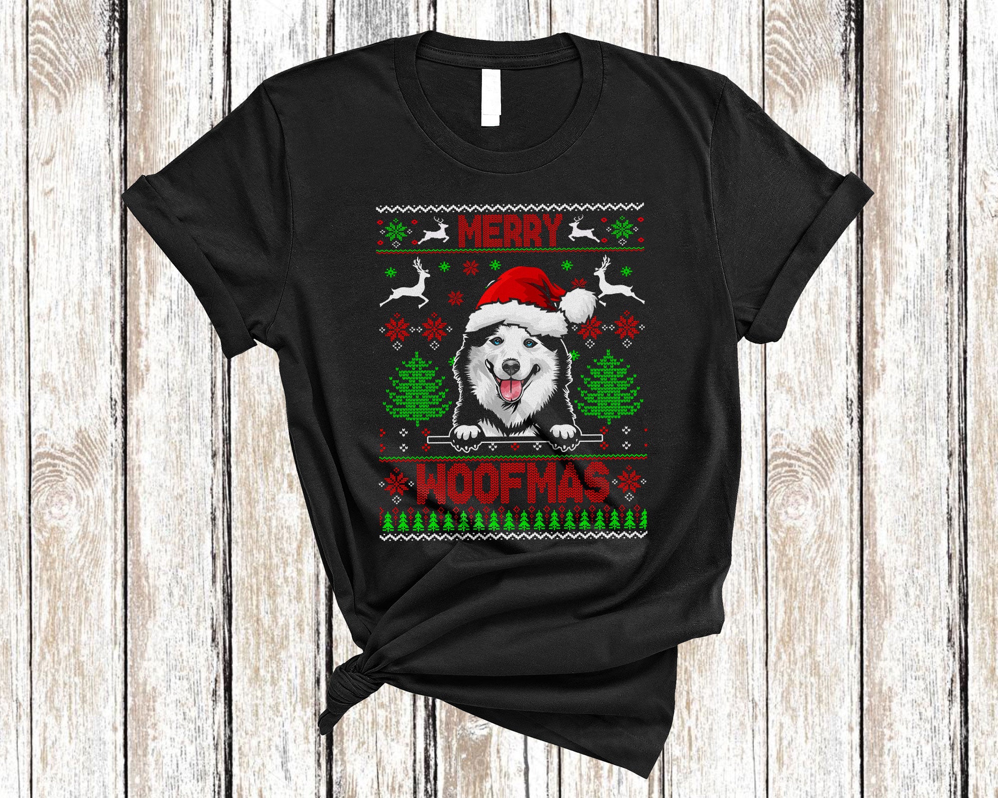 Christmas Dog Shirt Merry Woofmas Funny Ugly Christmas Santa Siberian Husky Dog Sweater Gifts T-Shirt