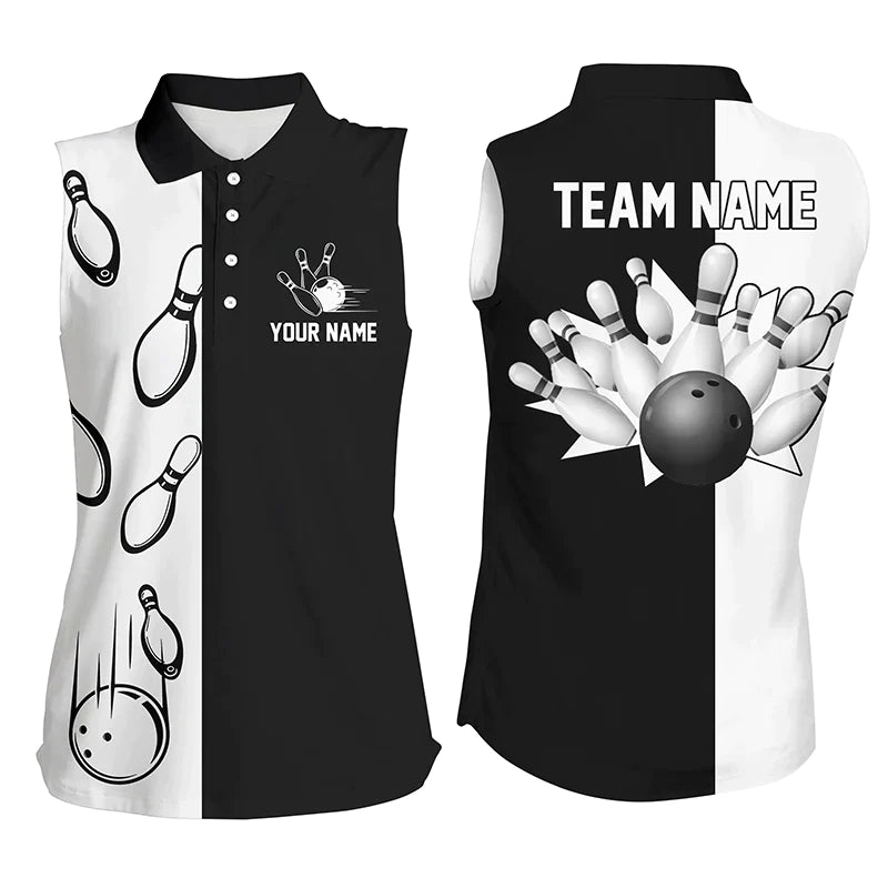 Black And White Retro Vintage Bowling Sleeveless Polo Shirts For Women Custom Bowling Team Jerseys