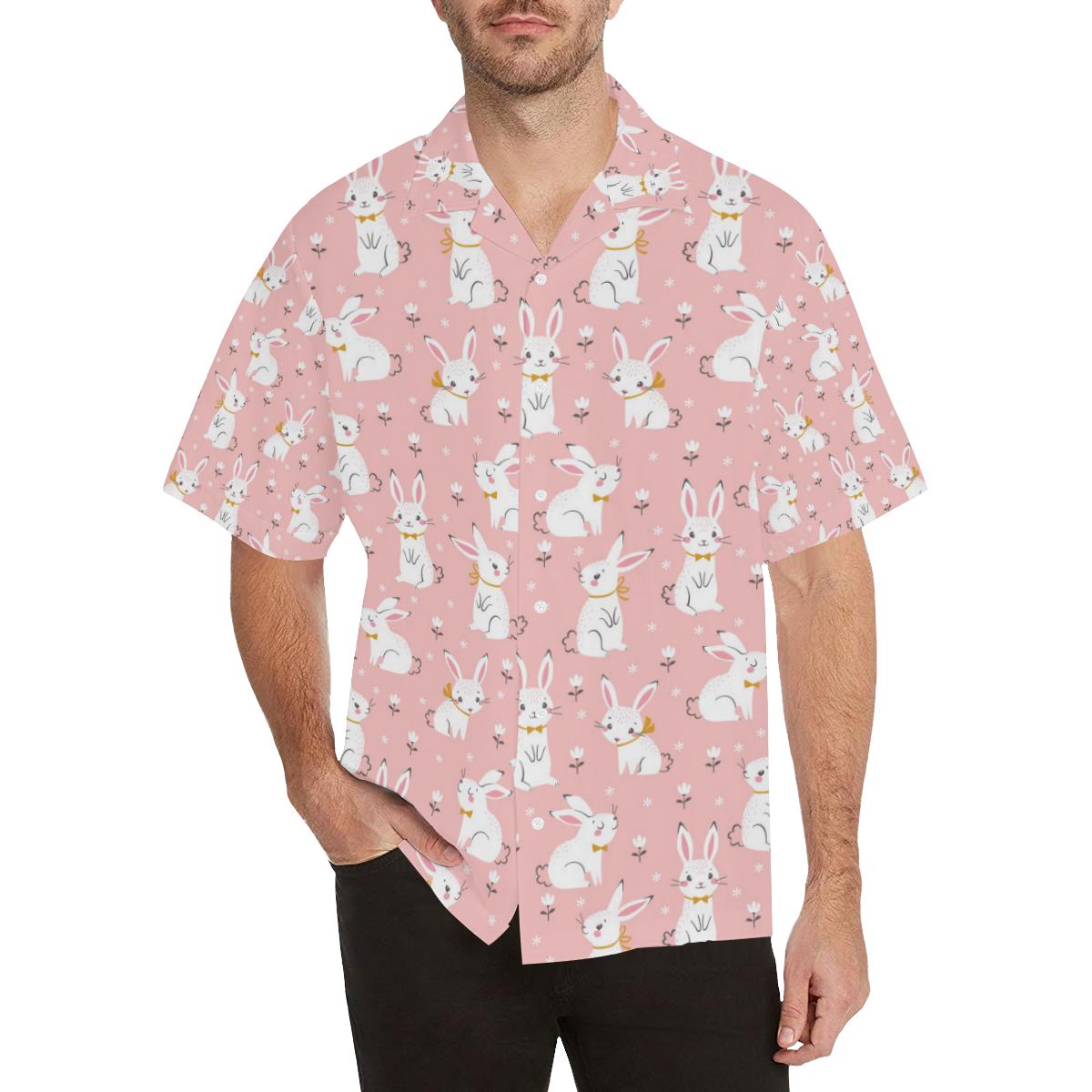 Cute white rabbit flower pink background Men’s All Over Print Hawaiian Shirt