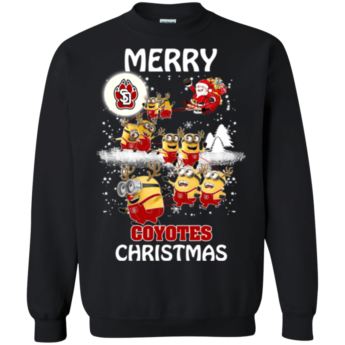 Perfect South Dakota Coyotes Minion Ugly Christmas Sweaters Santa Claus With Sleigh Sweatshirts