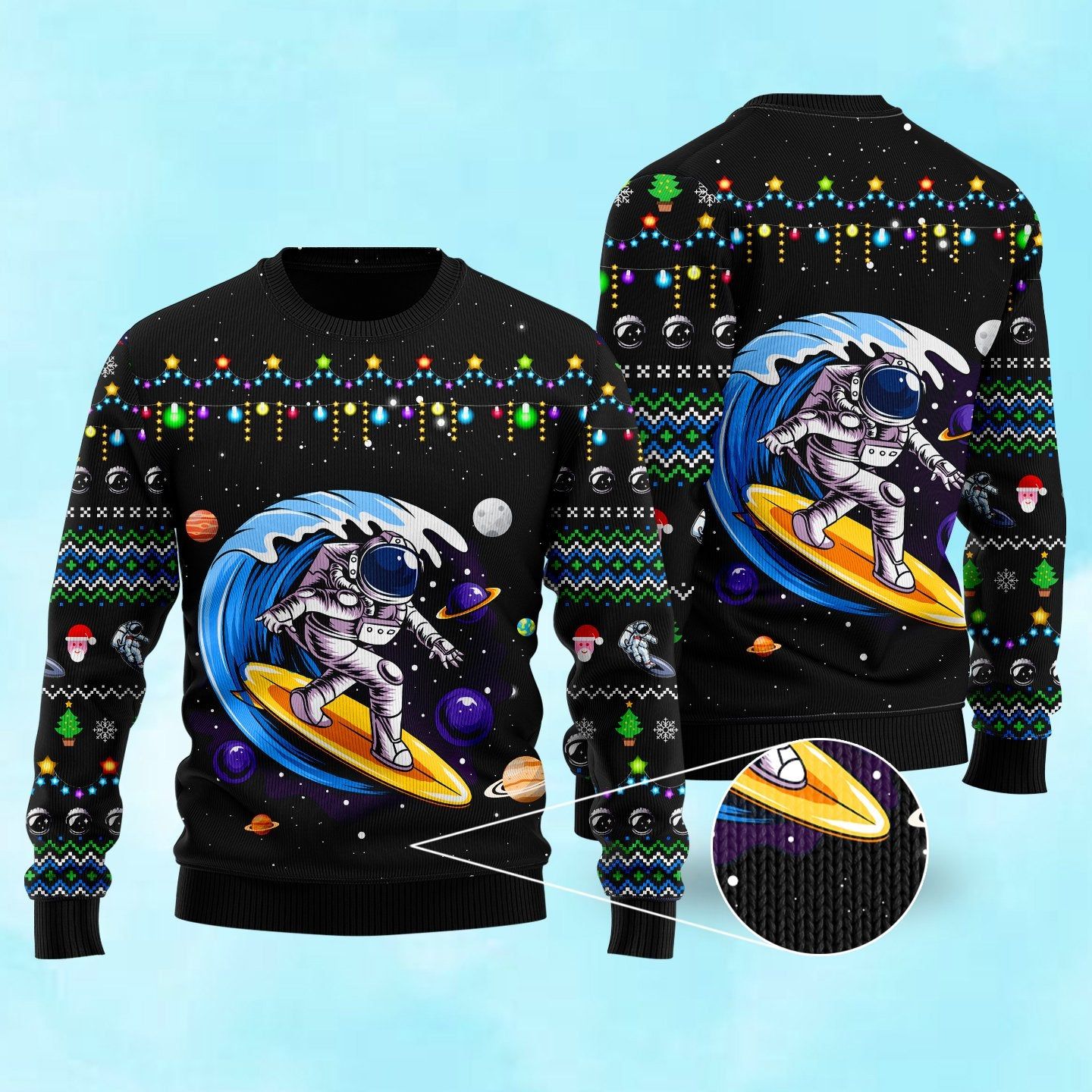 Astronauts Surf On A Surfboard In Space Ugly Christmas Wool Sweater