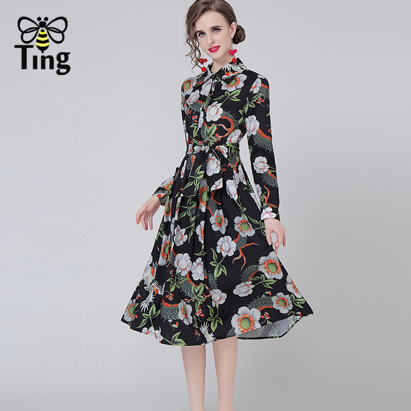 Tingfly Designer Butterfly Floral Print Women Vintage Elegant Midi Long Dress Fashion Casual Street Chic A Line Vestidos Plus Za alx