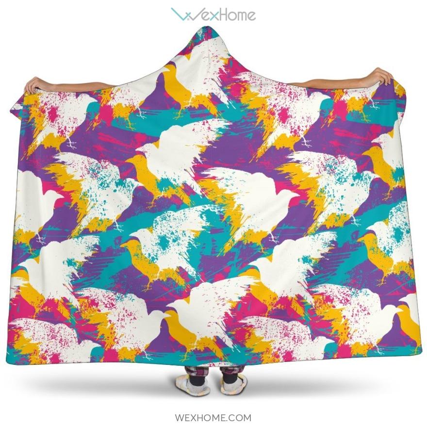 Colorful Crow Illustration Pattern Hooded Blanket