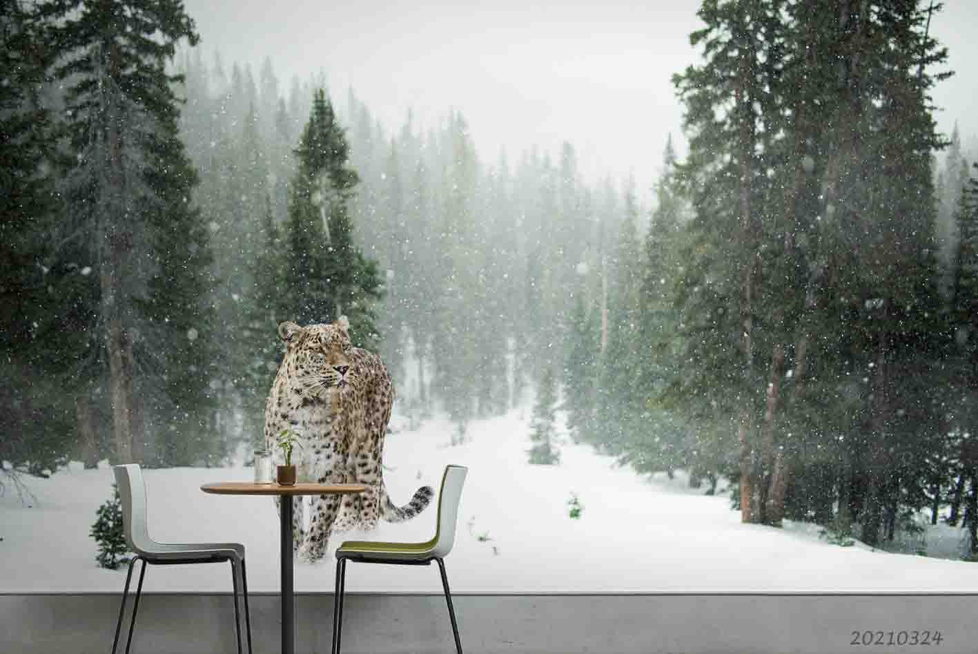 3D Snow Forest Leopard Landscape Wall Mural Wallpaper Lqh 49