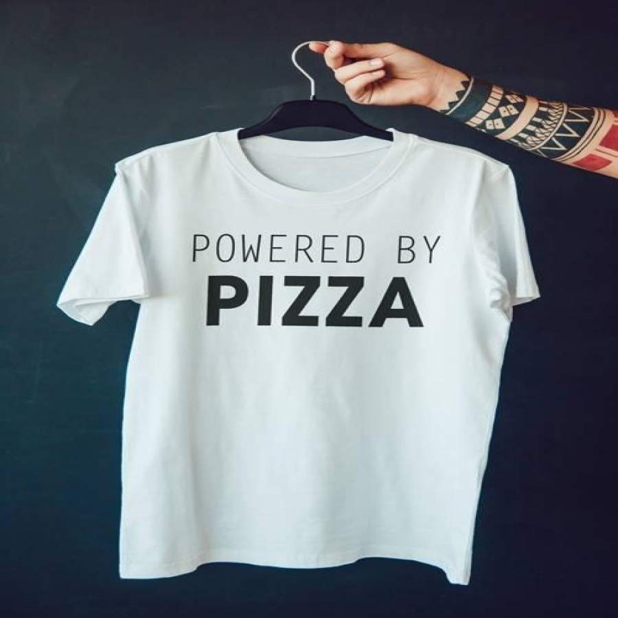 Powered By Pizza Tshirt, Funny T-Shirts, Women Tshirt, Graphic Tee, Text T-Shirt, Fashion Tops Tshirt, Hipster T-Shirt-D010