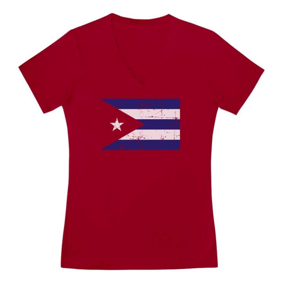 Cuba Flag – Vintage Retro Cuban V-Neck Fitted Women T-Shirt