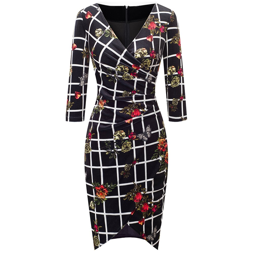 Women Charming Vintage 3/4 Sleeve V Neck Grid Print Lady Bodycon Wrap Dress EB419 alx