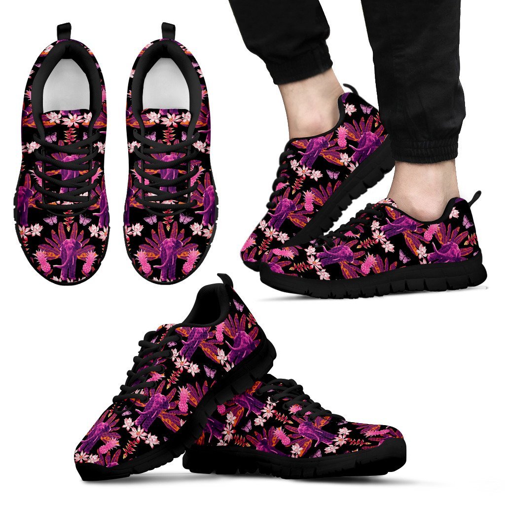 Floral Banana Leaves Elephant Print Black Sneaker Shoes For Men Women