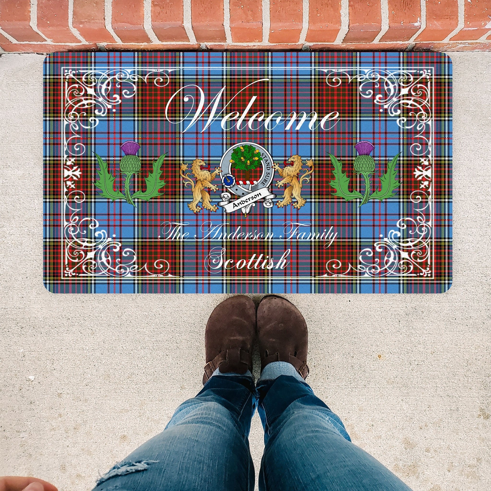 Scotstee Shop Tartan Door Mats Clan Anderson Modern Badge Tartan Thistle And Two Lion Scottish Plaid Doormat, Christmas Door Mat Gift