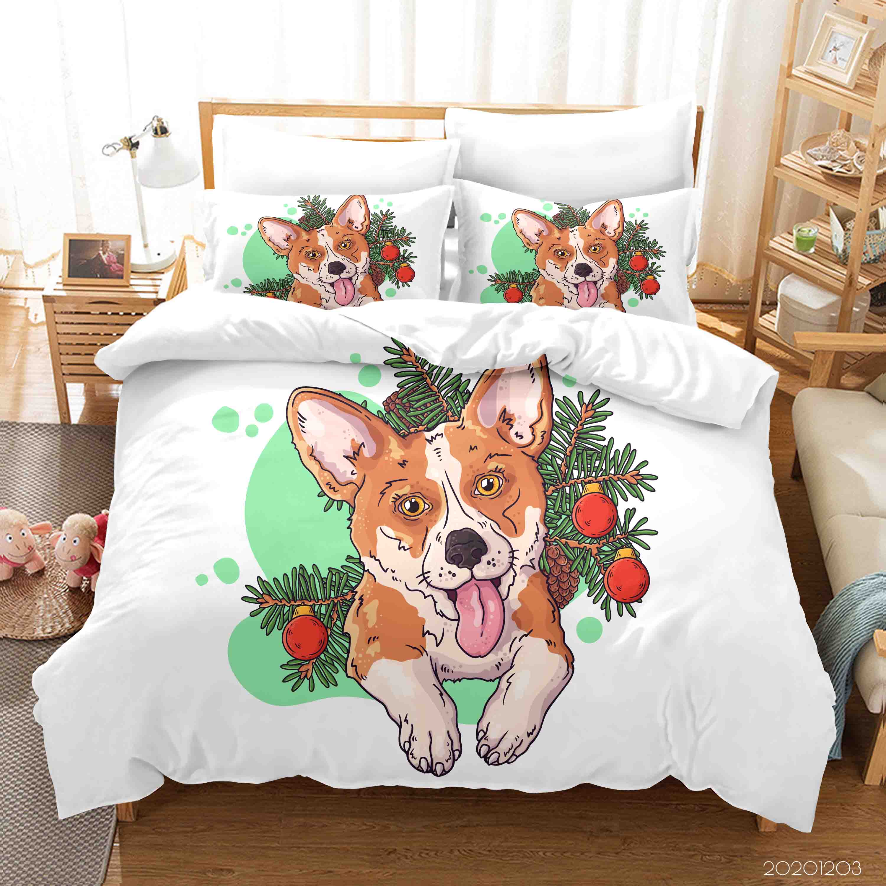 3D Cartoon Hand Drawn Illustrations Portrait Cute Corgi Dog Christmas Tree Animal Plant Quilt Cover Set Bedding Set Duvet Cover Pillowcases Lxl