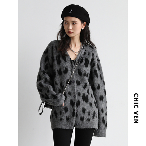 CHIC VEN Retro Leopard Tie Dye V-neck Mohair Knitted Cardigan Coat for Women New Fashion Vintage Sweater Spring Autumn 2022 alx