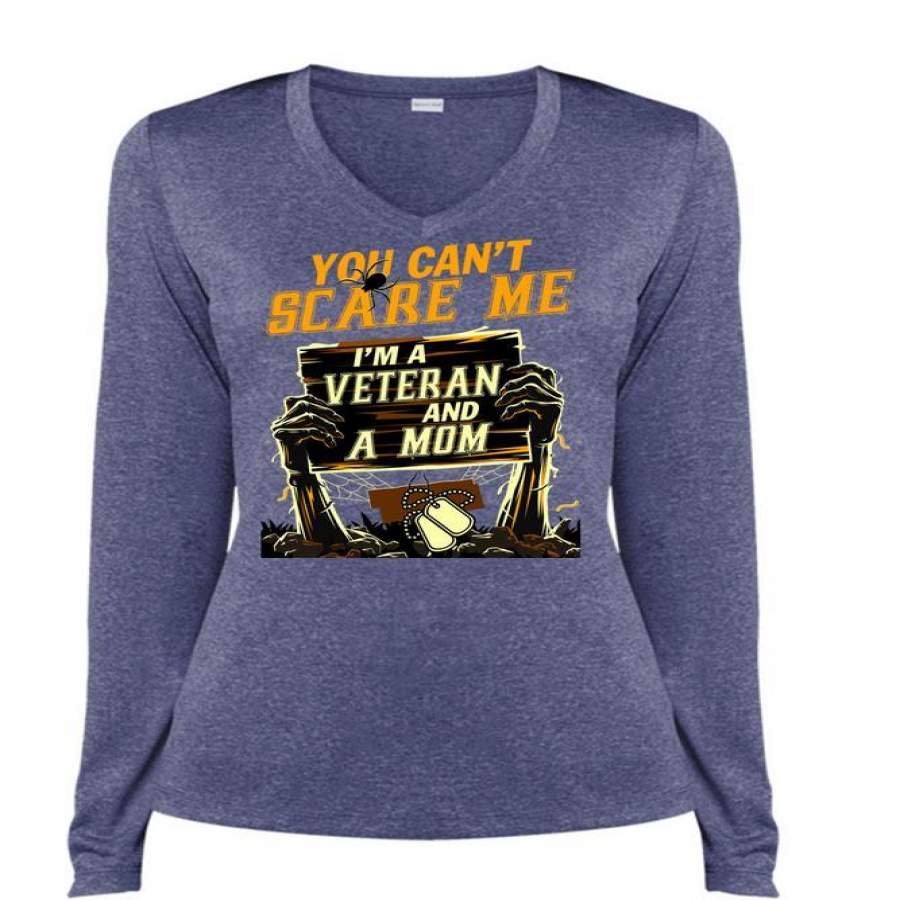 You Can’t Scare Me T Shirt, I’m A Veteran And A Mom T Shirt, Cool Shirt (Ladies LS Heather V-Neck)