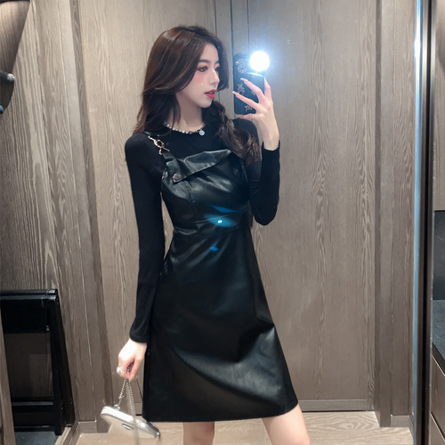 Women 2022 Autumn Winter French Retro Suits Female Slim Solid Bottoming Tops + PU Leather Short Dress Ladies Two-piece Sets A357 alx