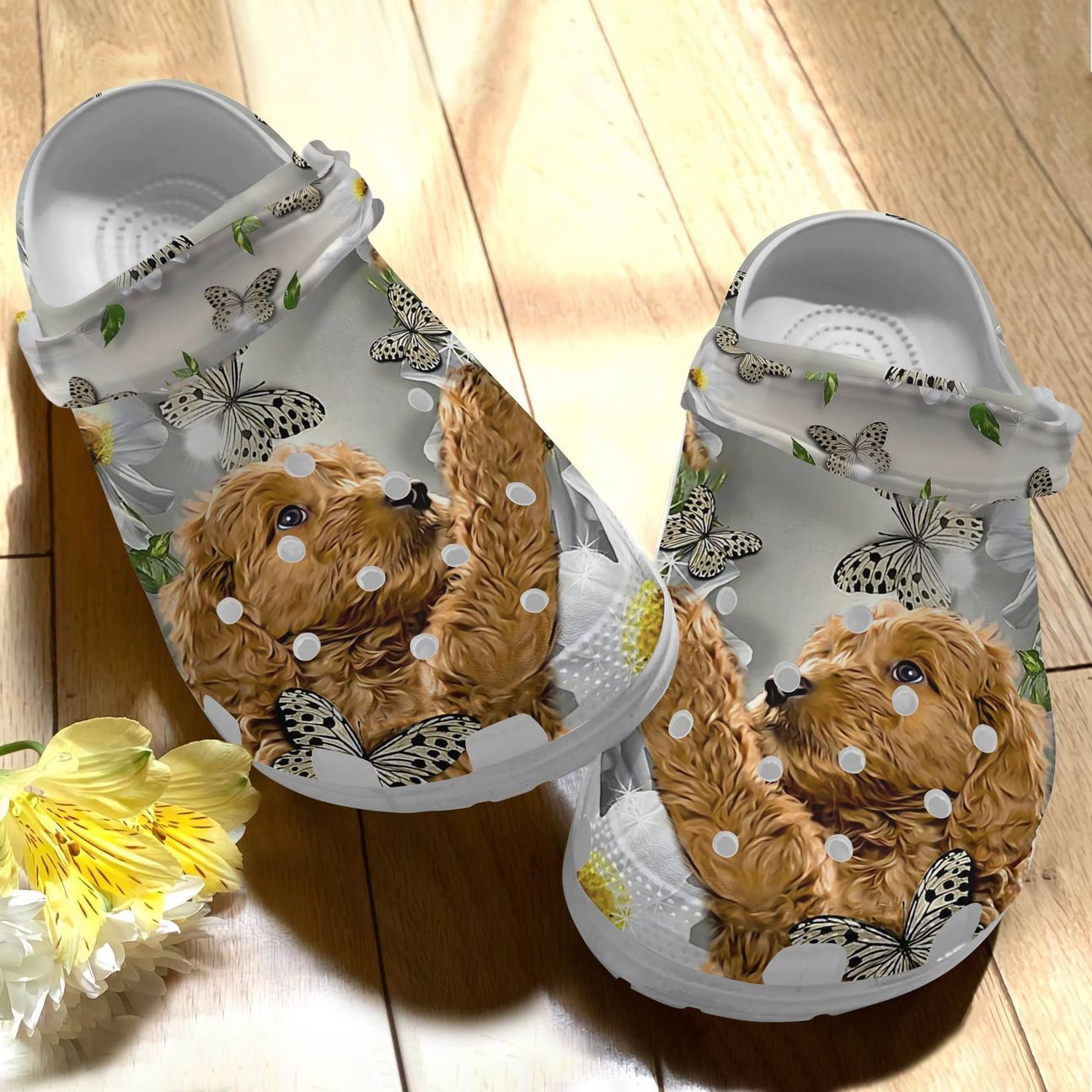 Goldendoodle Personalized Clog, Custom Name, Text Goldendoodle Butterfly, Fashion Style For Women, Men, Kid, Print 3D