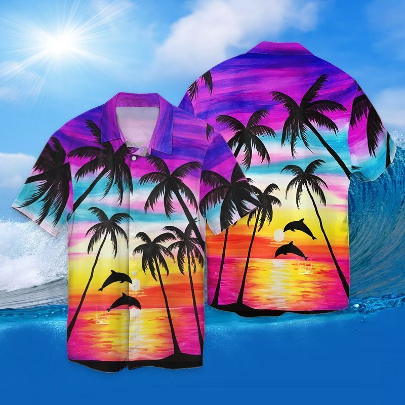 Dolphin Sunset For Men And Women Graphic Print Short Sleeve Hawaiian Casual Shirt