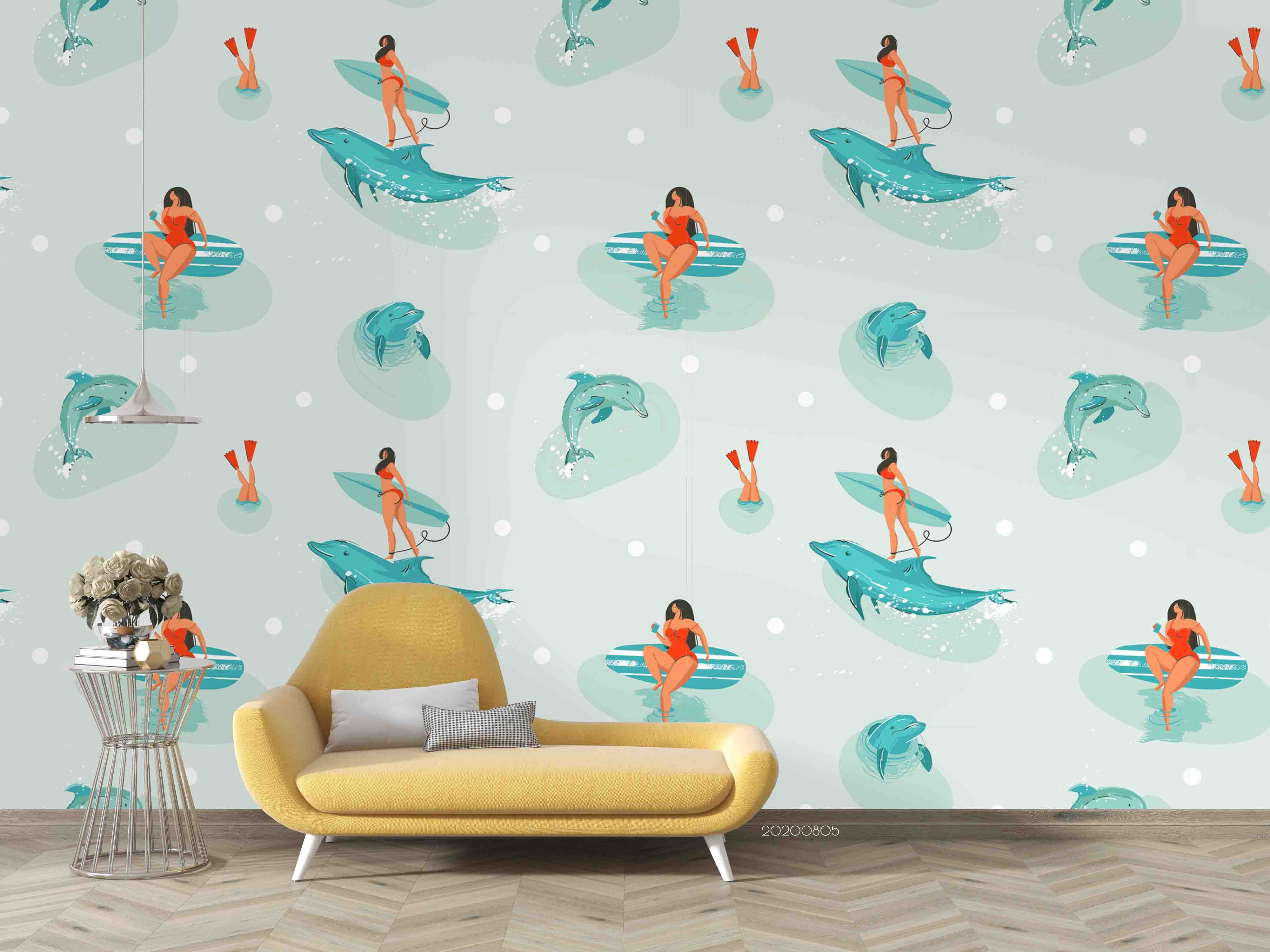 3D Cartoon Surfing Girl Dolphin Wall Mural Wallpaper Lxl 767