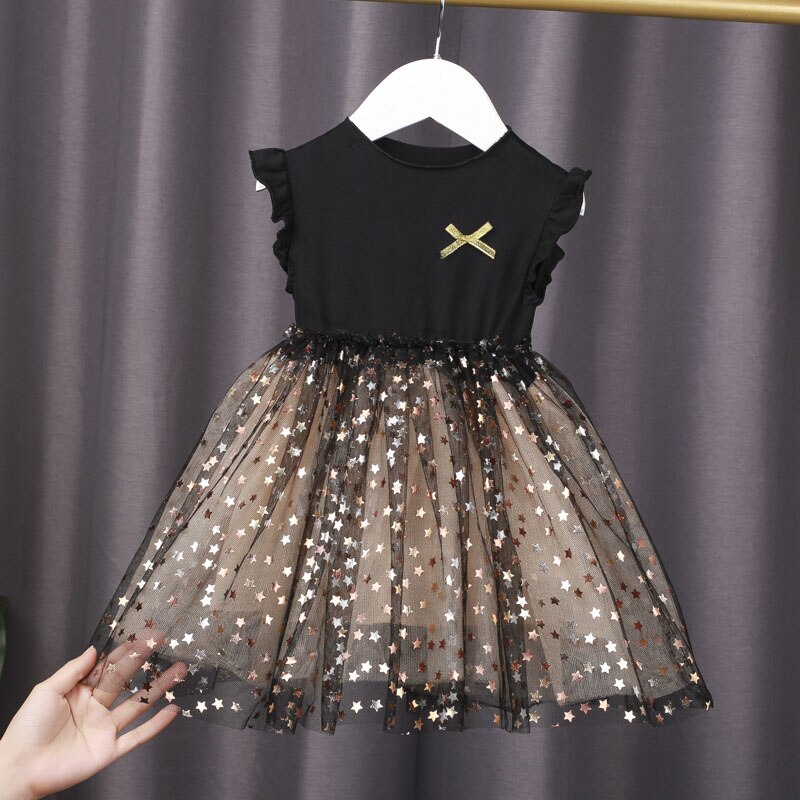 VFOCHI New Girl Princess Dresses Summer Girls Clothes Color Black Star Pattern Lace Kids Dresses for Girl Ball Gown Girl Dresses alx