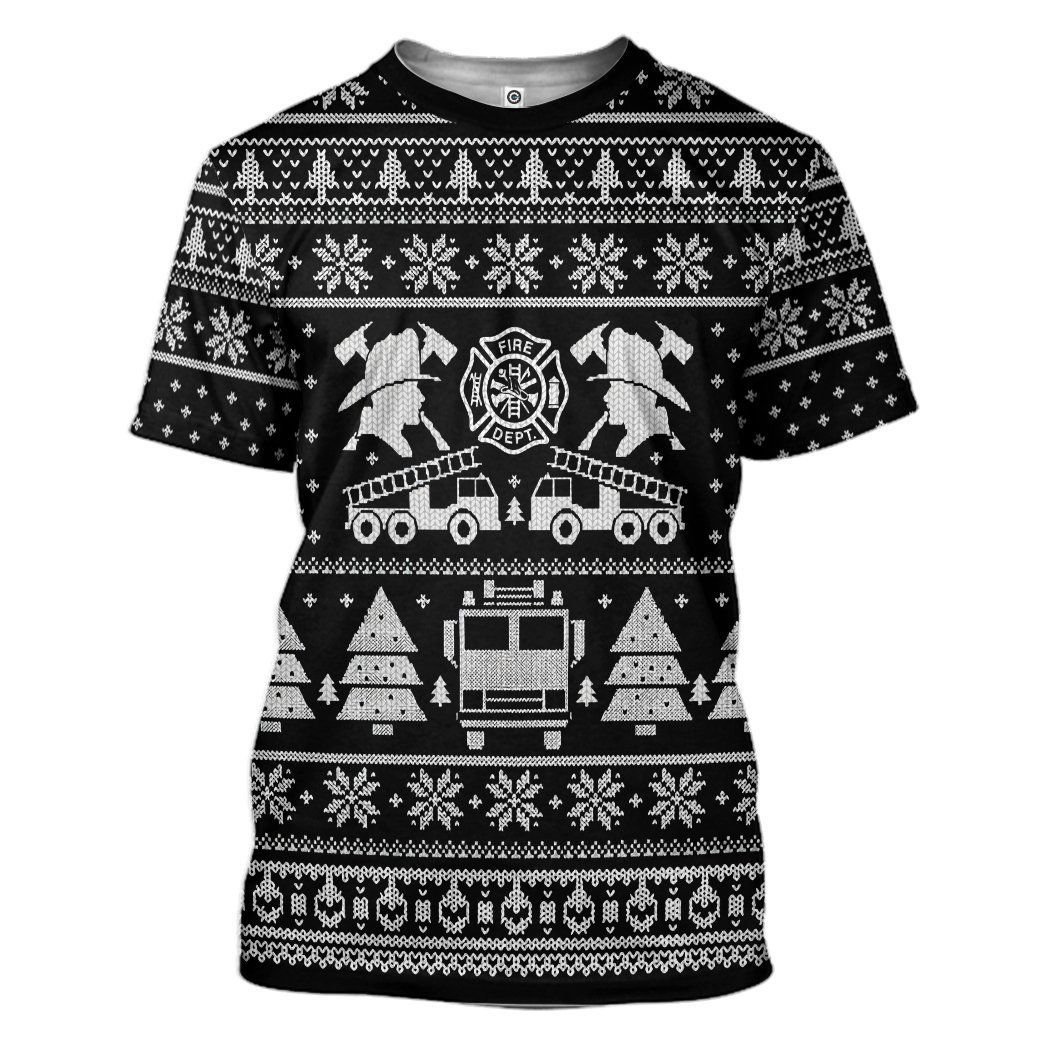 Casespring 3D FIRE DEPT Firefighter Ugly Christmas Sweater Black Custom Tshirt Apparel