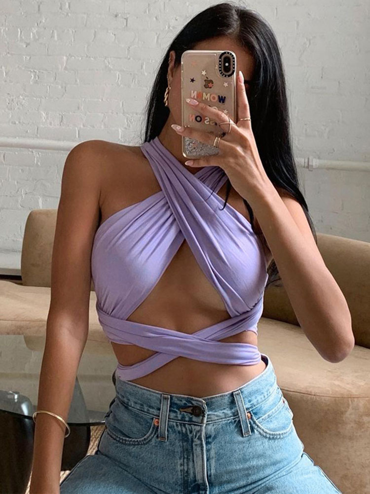 Women Strappy Cross Over Front Cut Out Halter Neck Sleeveless Backless Wrap Crop Top Bandage Vest Summer Sexy Tops Woman Clothes alx