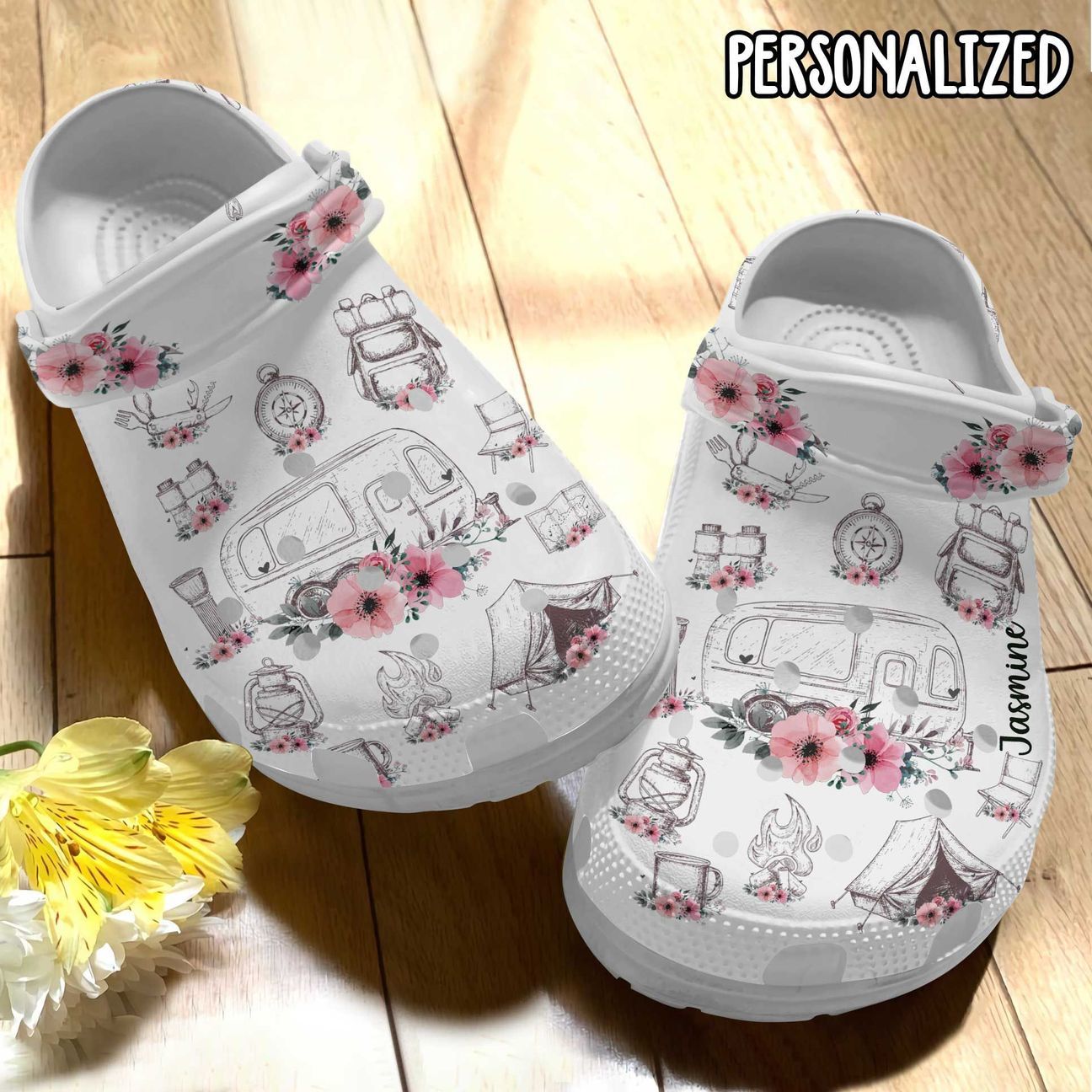 Camping Personalized Clog, Custom Name, Text Floral Camping Site, Fashion Style For Women, Men, Kid, Print 3D