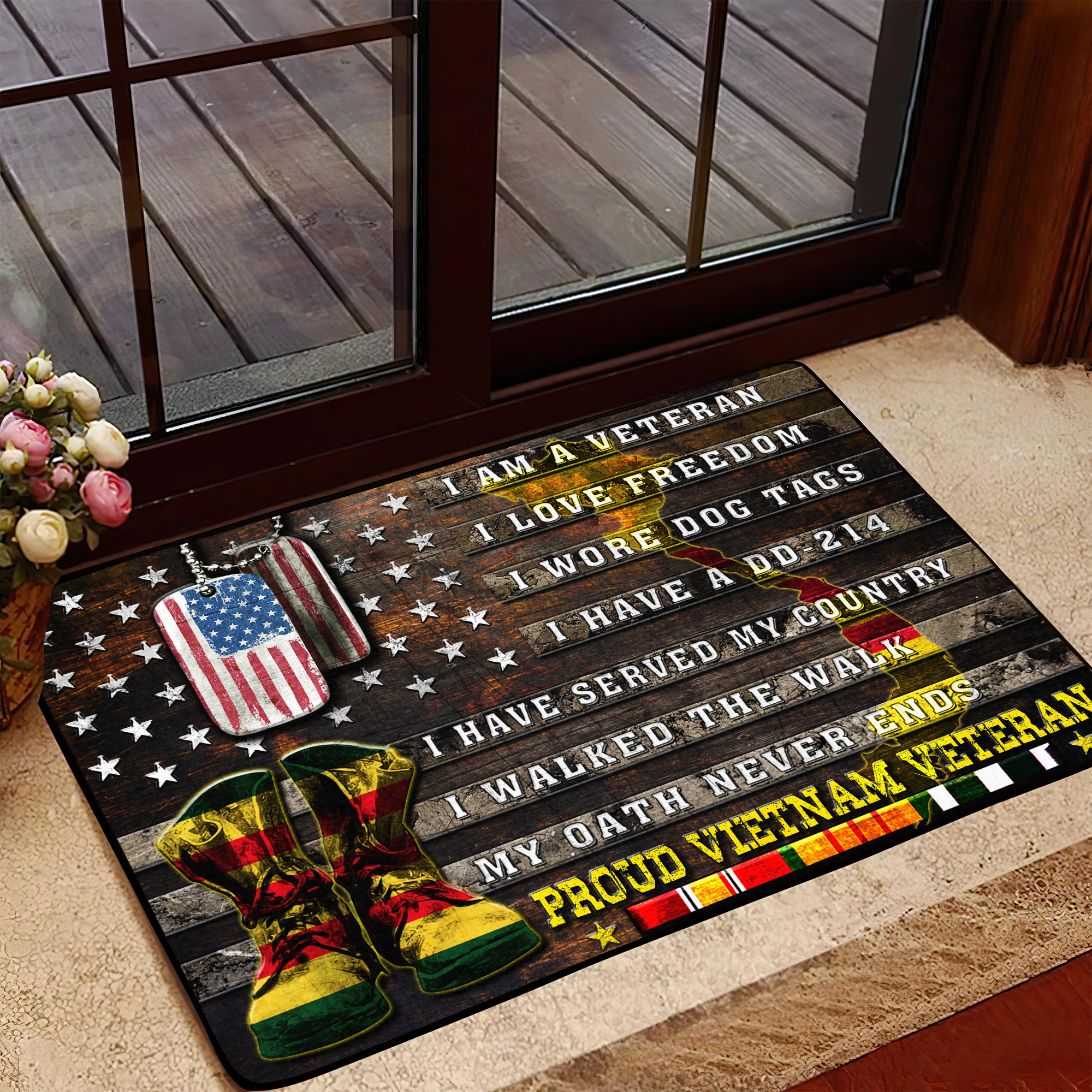 Vietnam Veteran I Am A Veteran I Love Freedom I Wore Dog Tags I Have A Dd-214 I Have Served My Country I Walked The Walk My Oath Never Ends Proud Vietnam Veteran, American Military Veteran Doormat, Doormat All Over Printed