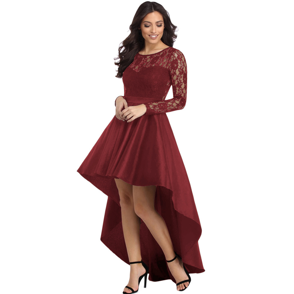 Autumn and Winter New Round Neck Long-Sleeved Lace Dovetail Satin Prom Party Wild Plus Size Trendy Dress Dress alx