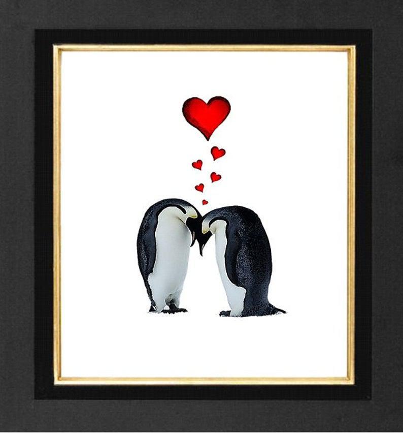 Penguin Print – Forever Yours Mixed Media Print, Archival Print, Decorative Art, Drawing, Peguine, Portrait, Penguin Art Poster