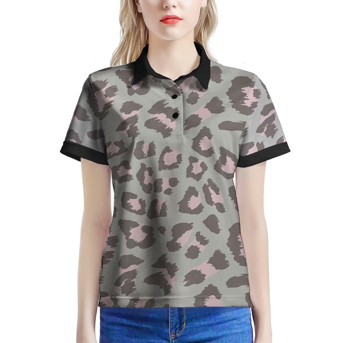 Grey And Pink Leopard Women’S Polo Shirt