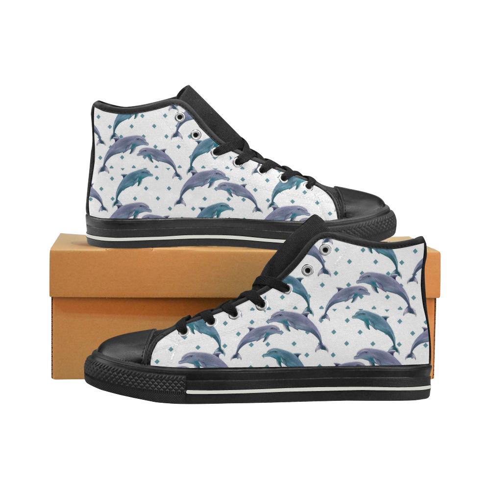 Dolphins pattern dotted background Women’s High Top Shoes Black