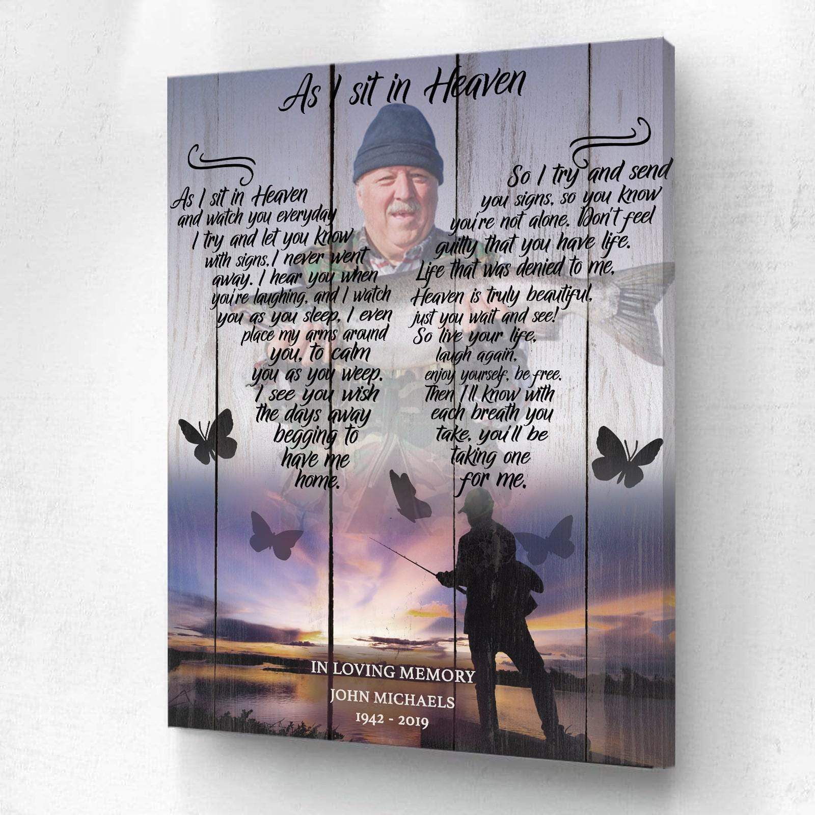 As I Sit In Heaven Fishing Background, Personalized Photo Memorial Poster Canvas, Gift For Family Gift for Remembrance Home Decor Wall Art Visual Art