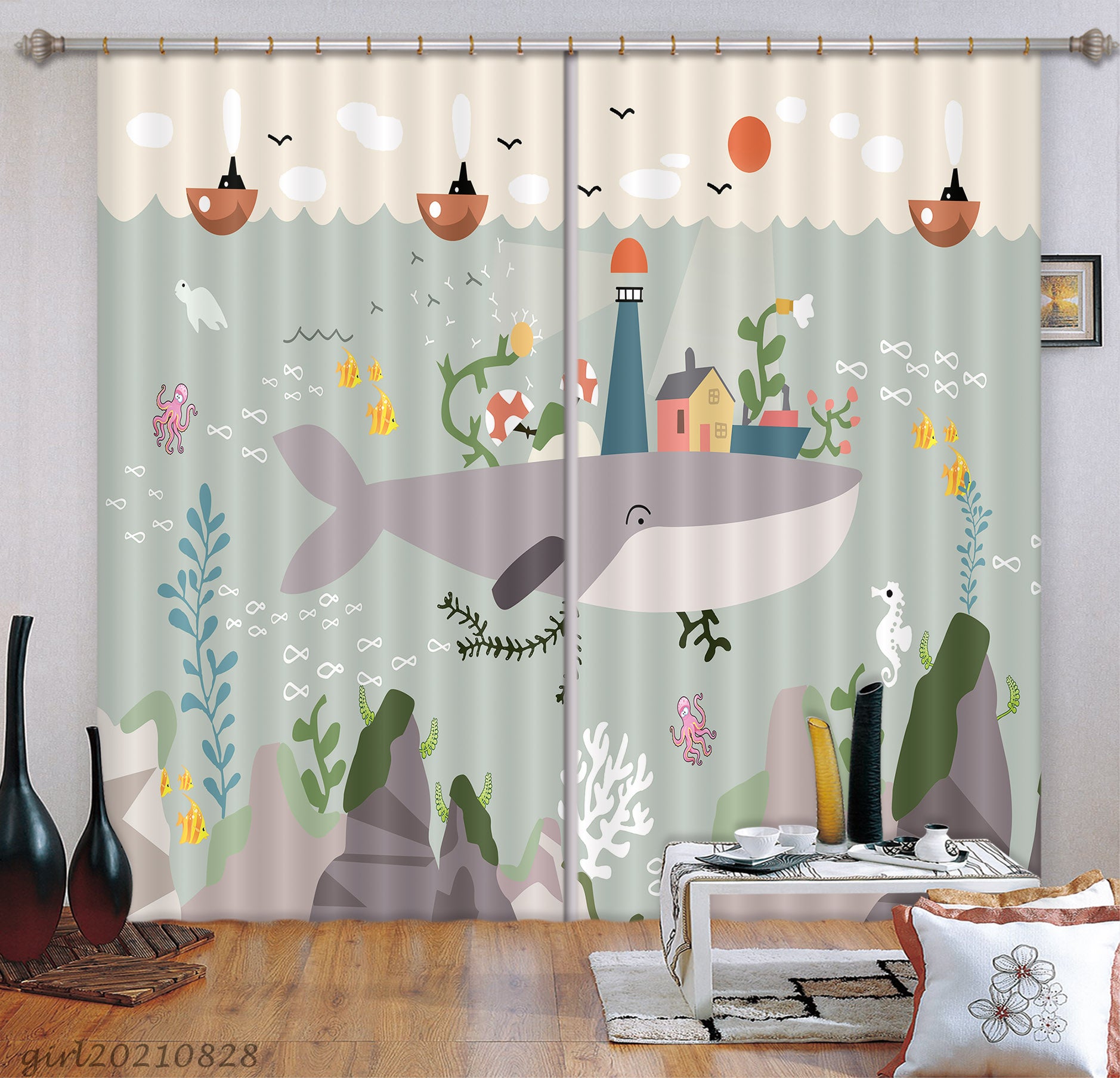 3D Cartoon Sea Animal Dolphin Lighthouse Curtains And Drapes Lqh 112