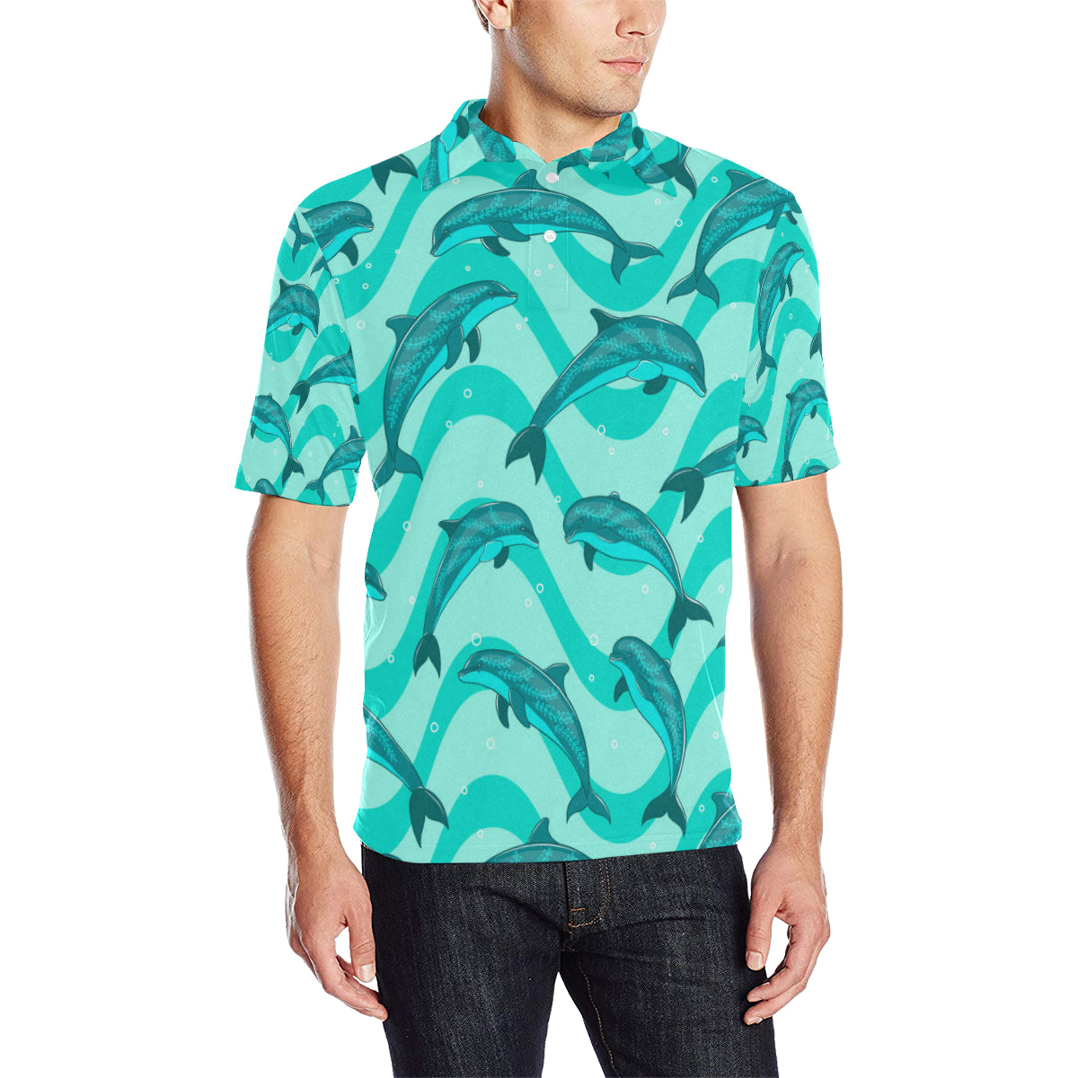 Dolphin Wave Print Men Polo Shirt