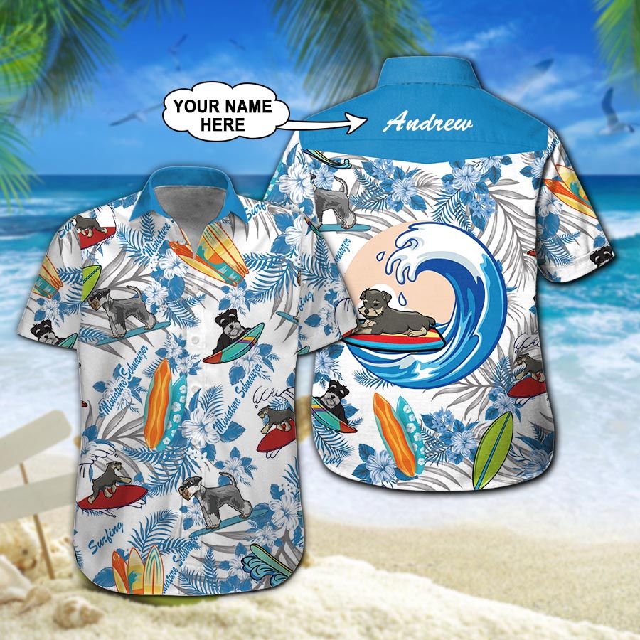 Miniature Schnauzer Surfing Custom Name Hawaiian Shirt 210 ND4694