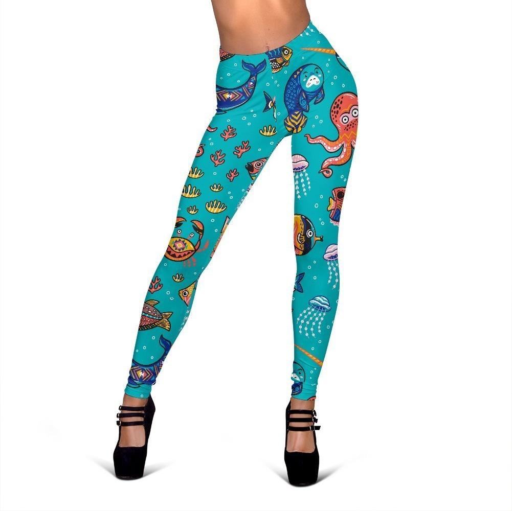 Manatee Whale Fish Octopus Pattern Print Women Leggings Sport, Yoga, Gym, Fitness, Running