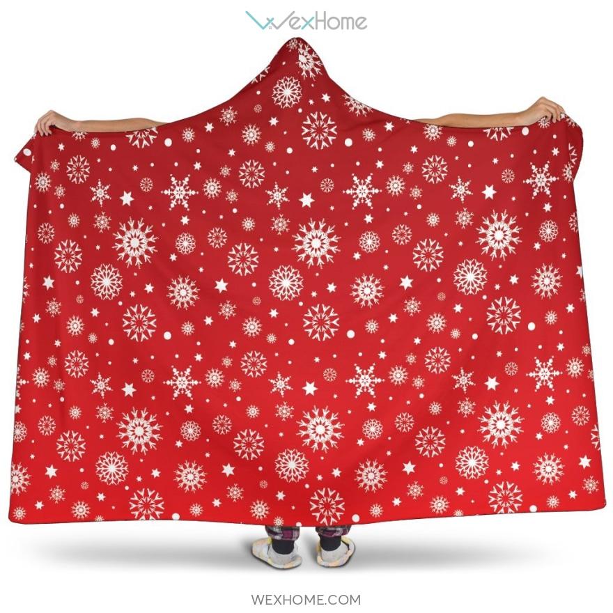 Snowflake Pattern Red Background Hooded Blanket