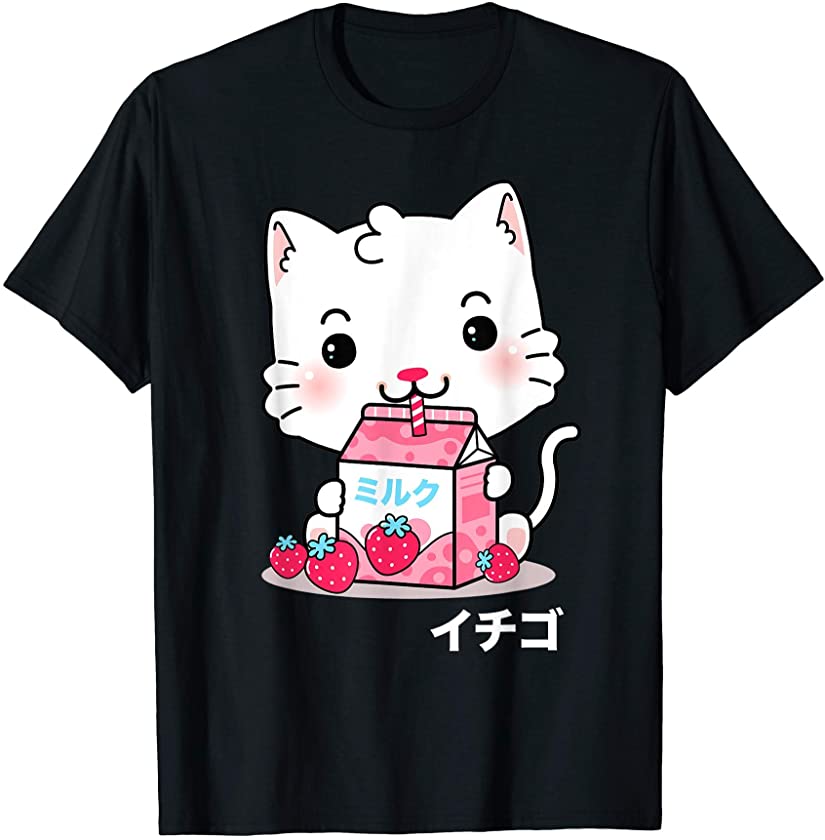 Chibi Kitten Japanese Kawaii Strawberry Milk Shake Carton T-Shirt