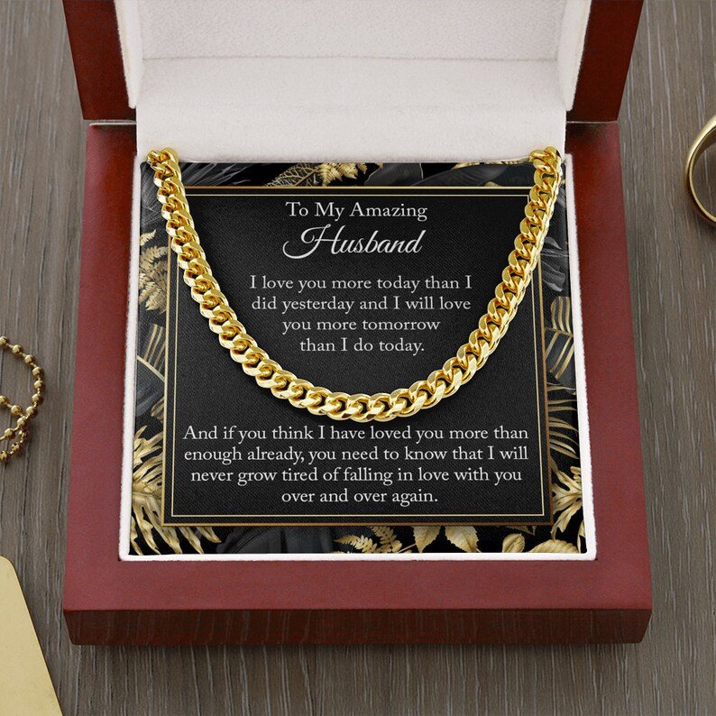 Valentines Day Gifts For Him, Cuban Link Chain Necklace For Husband, Love You More Today-Dark, Stainless Steel Gold Finish Box With Message Card