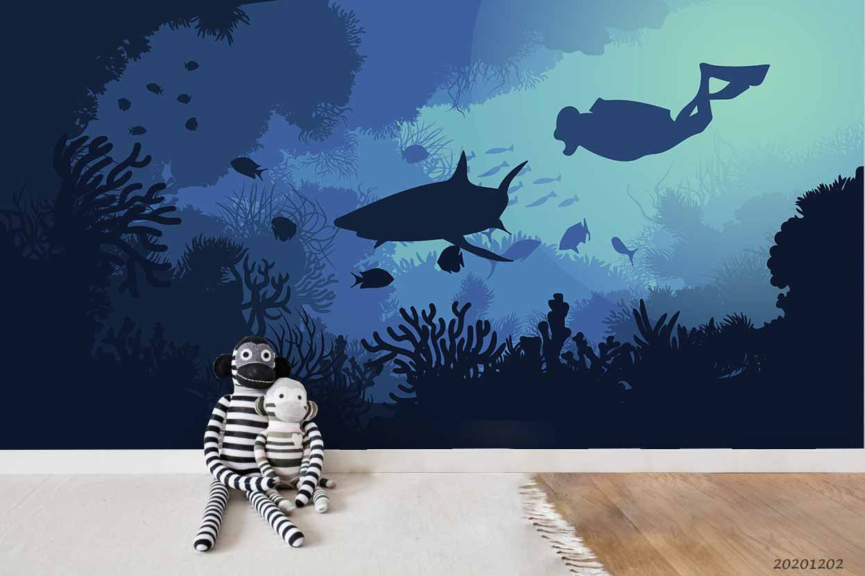 3D Deep Blue Ocean Shark Fish Coral Diver Shadow Wall Mural Wallpaper Lxl