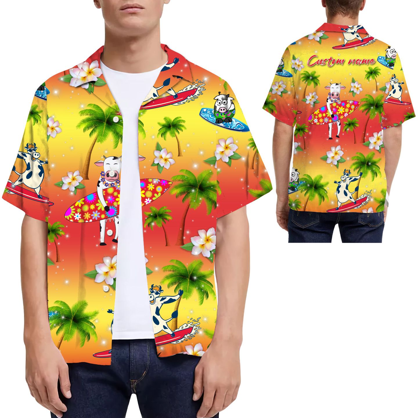 Surfing Dairy Cow Coconut Tree Custom Name Men Hawaii Shirt For Lovers Ha27929