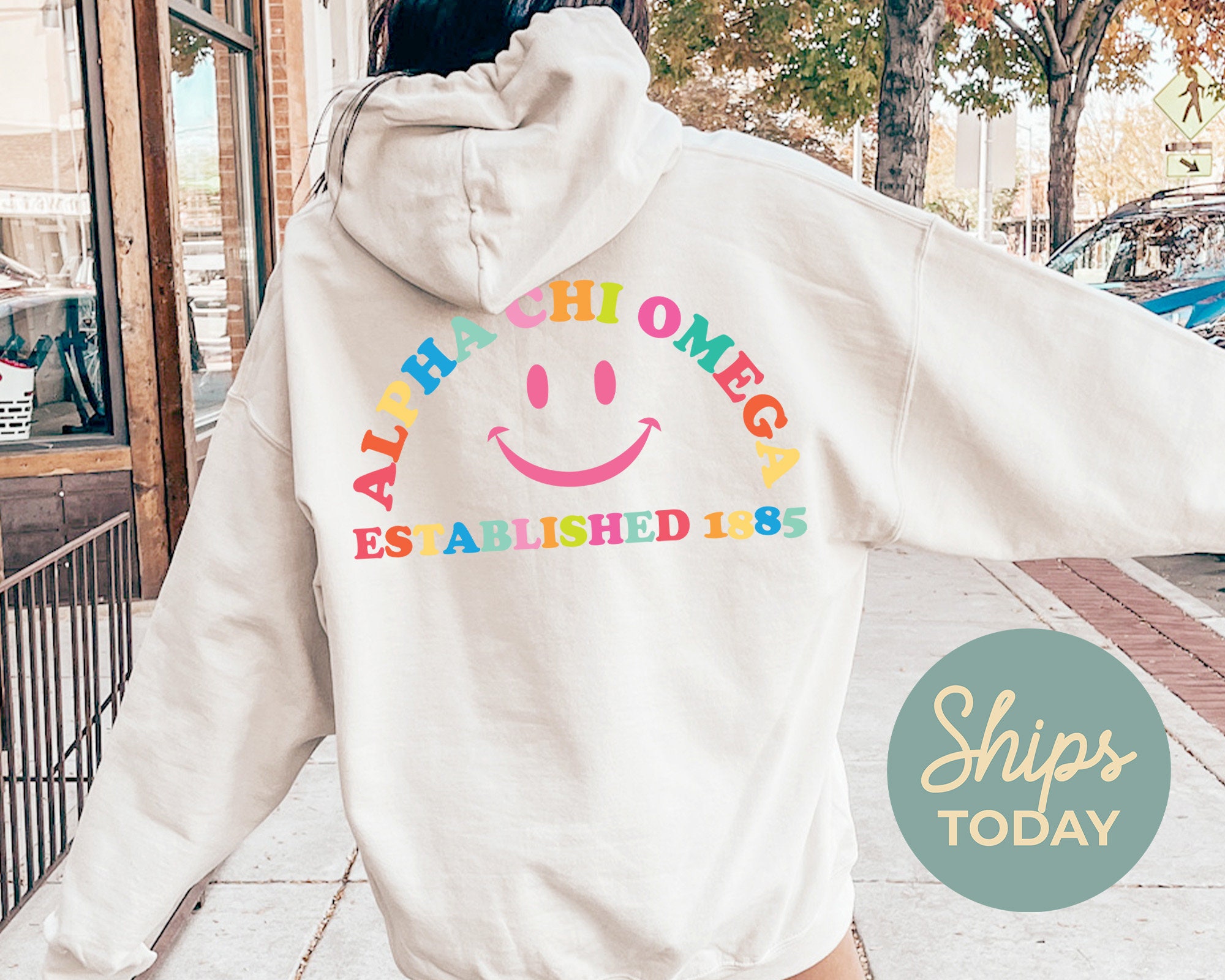 Alpha Chi Omega Gleaming Smiley Face Sorority Hoodie | AXO Smiley Face Hoodie | Alpha Chi Custom Hoodie | ACHIO Colorful Hoodie _ 33050g New Fashion