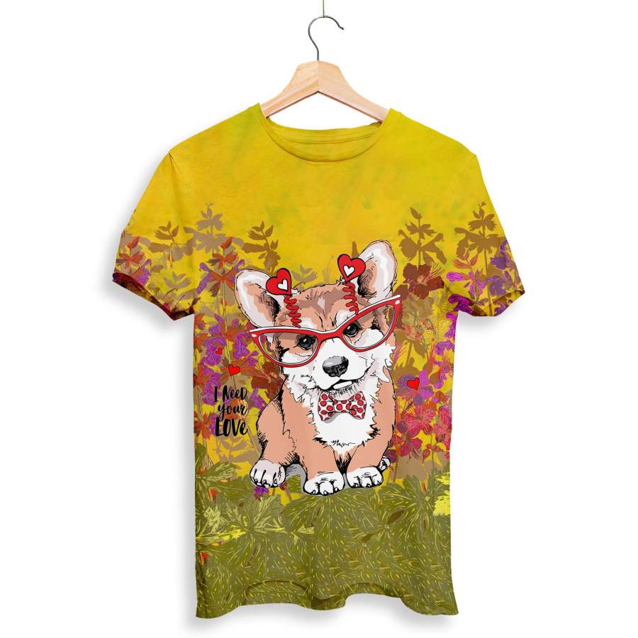 Welsh Corgi Puppy In A Fun Glasses With A Red Hearts And In A Bow Tie T-shirt