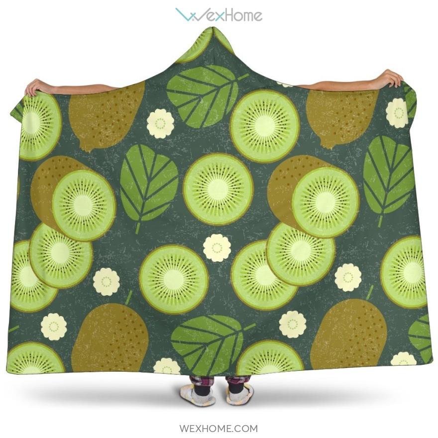 Whole Sliced Kiwi Leave And Flower Hooded Blanket